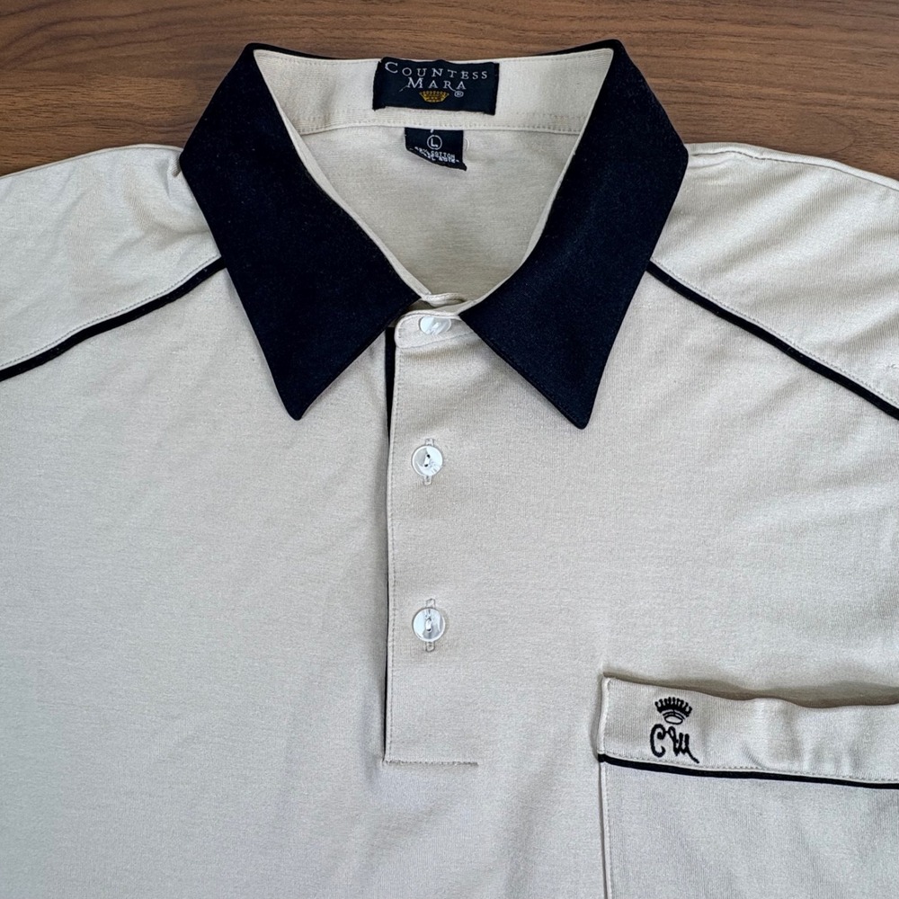 Countess Mara Mens Large Polo‎ Shirt Short Sleeve Beige Black Trim Crown Logo